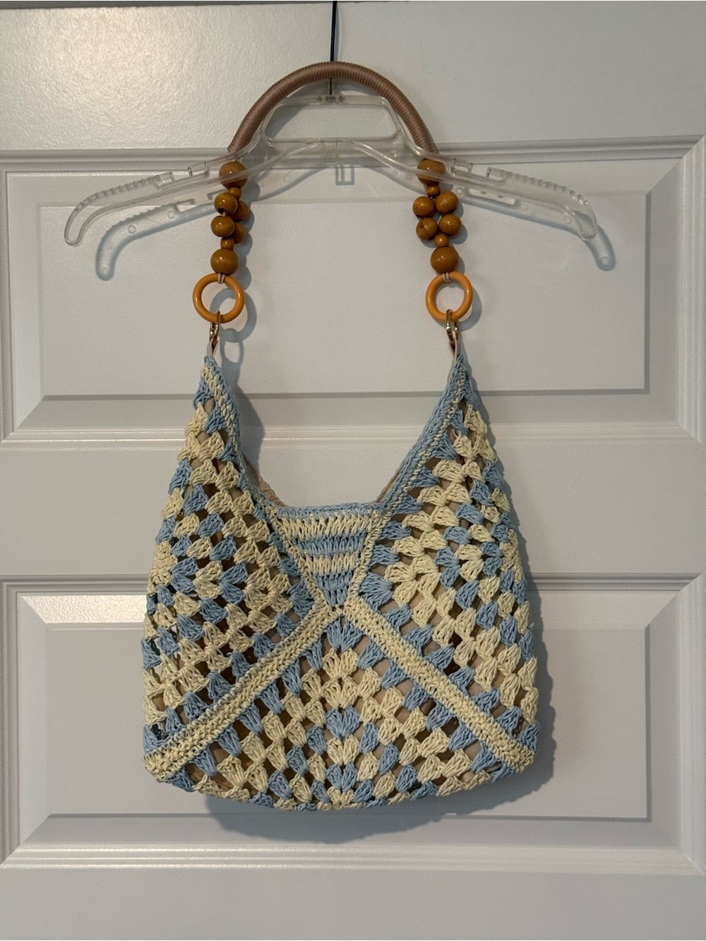 SHEIN Cream and Light Blue Crochet Shoulder Bag with Wooden Bead Handle